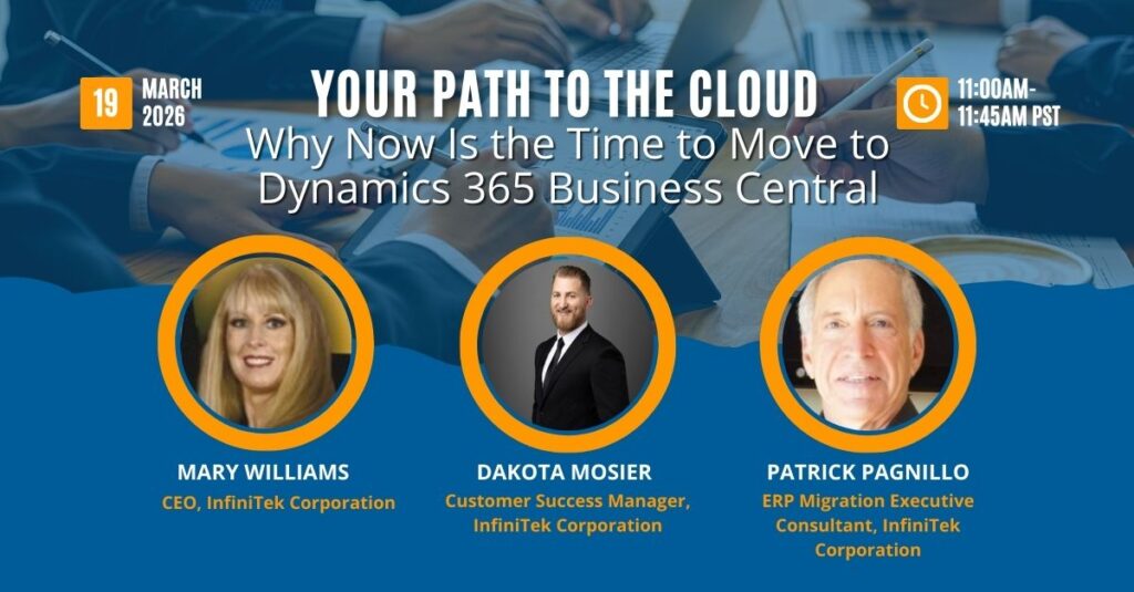 Promotional webinar graphic titled “Your Path to the Cloud: Why Now Is the Time to Move to Dynamics 365 Business Central.” The event is scheduled for March 19, 2026, from 11:00 AM to 11:45 AM PST. The banner features headshots of three speakers: Mary Williams, CEO of InfiniTek Corporation; Dakota Mosier, Customer Success Manager at InfiniTek Corporation; and Patrick Pagnillo, ERP Migration Executive Consultant at InfiniTek Corporation. The background shows professionals collaborating at a table with laptops and documents.