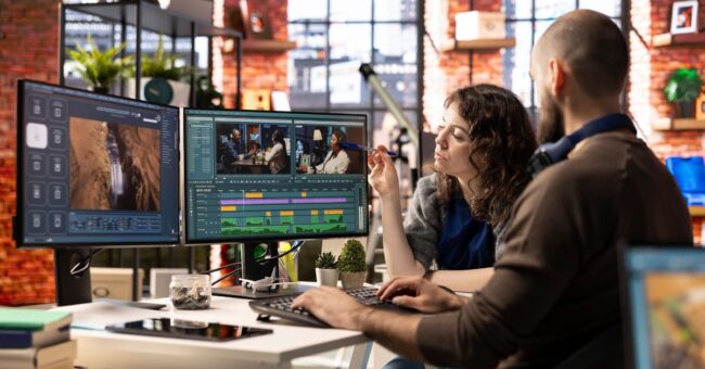Two professionals collaborating at a desk with dual monitors displaying video editing software, timelines, and media assets, representing teamwork, planning, and digital workflow optimization during a Business Central Migration project.